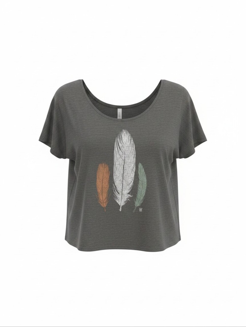 Women's Charcoal Scoop Neck Tee with Feather Print Medium